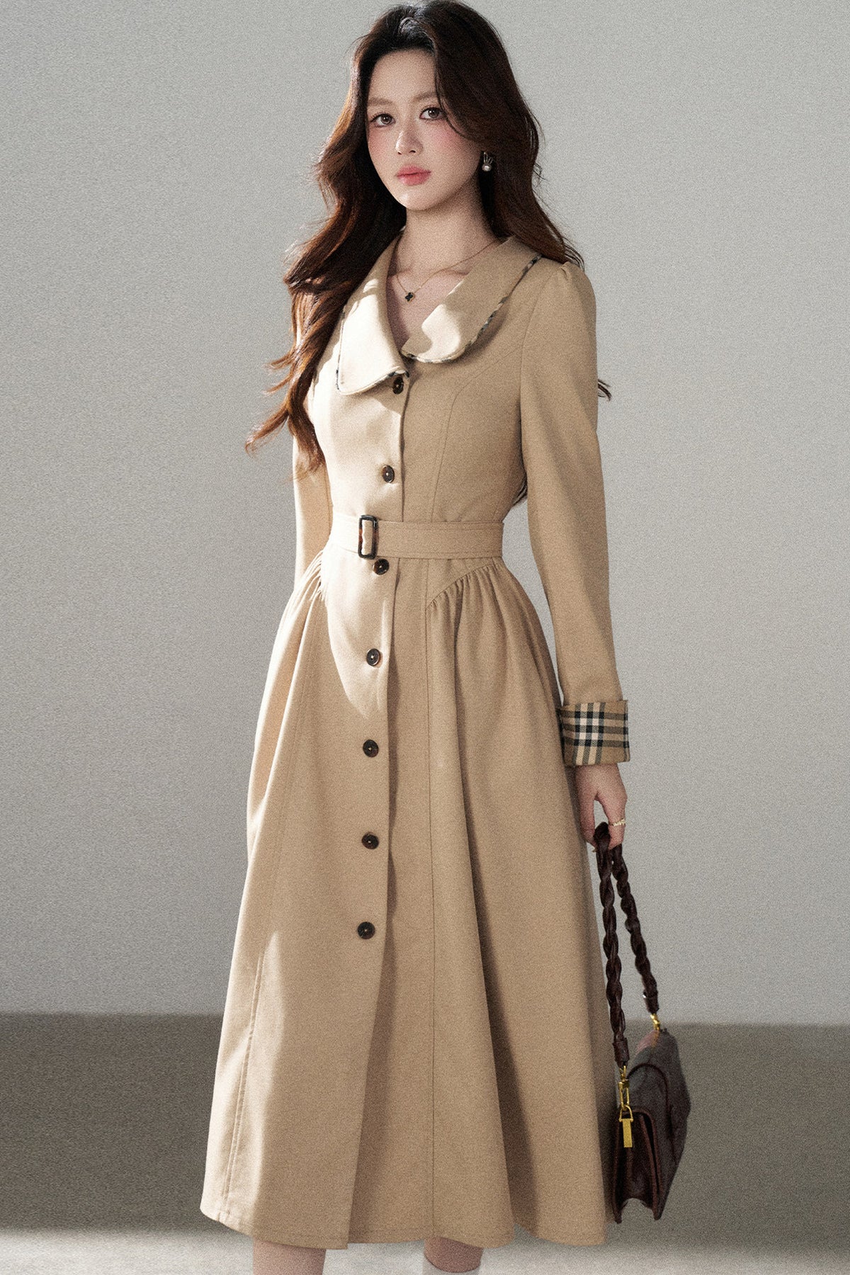 Long Sleeve Single-Breasted Trench Coat, Top and Skirt