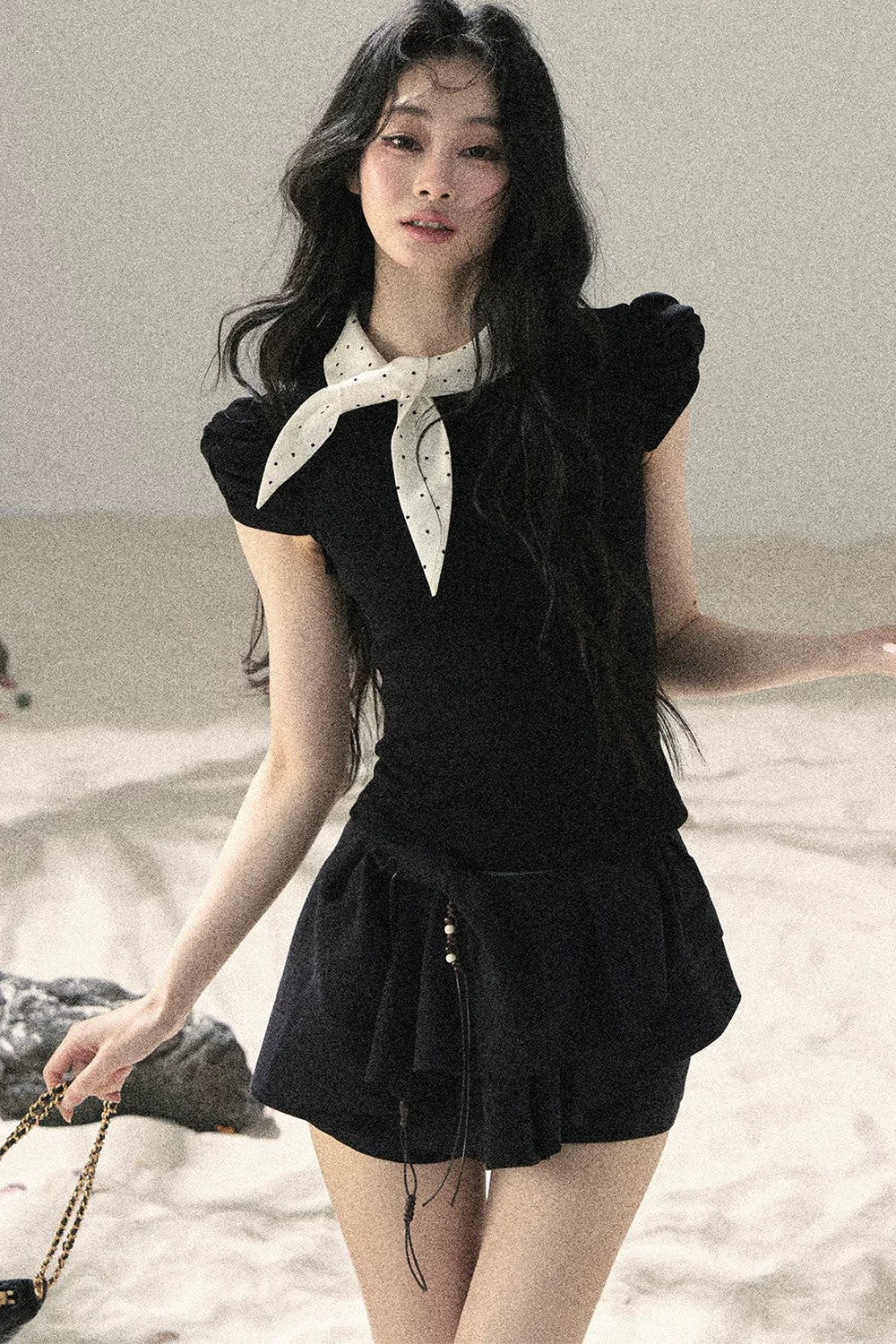French Polka Dot Bow Puff Sleeve Top