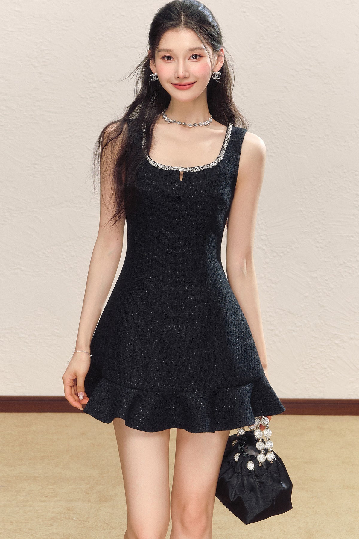Black Square Neck Ruffled Hem Dress