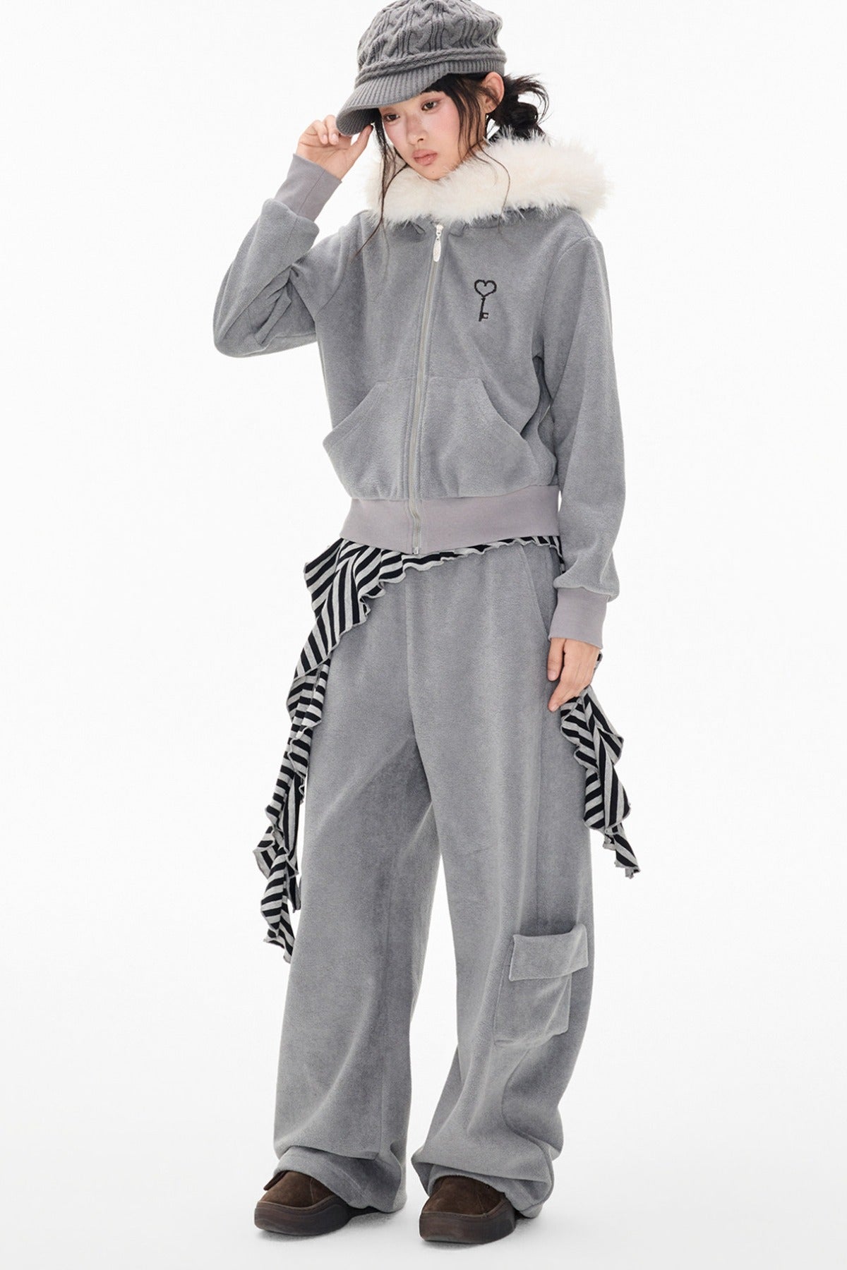 Detachable Fur Hood Jacket and Pants Set-Up