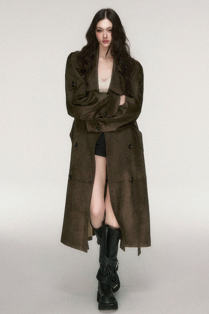 Brown Coffee Suede Long Trench Coat