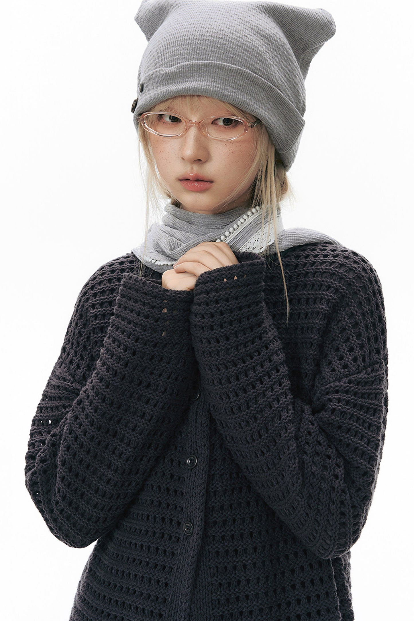 Solid Color Hollow Knit Cardigan