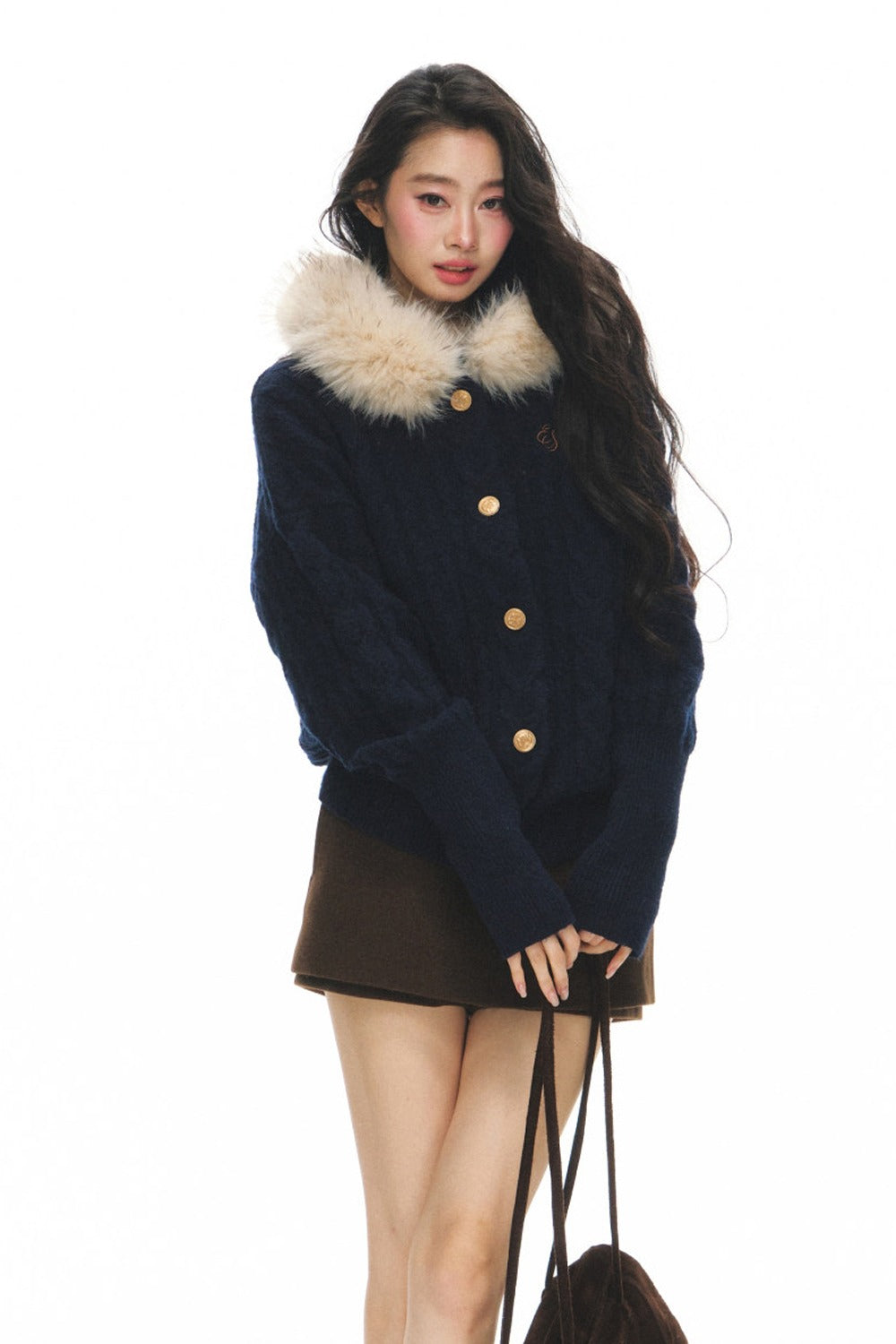 Fur Collar Knitted Cardigan and Skirt Set-Up