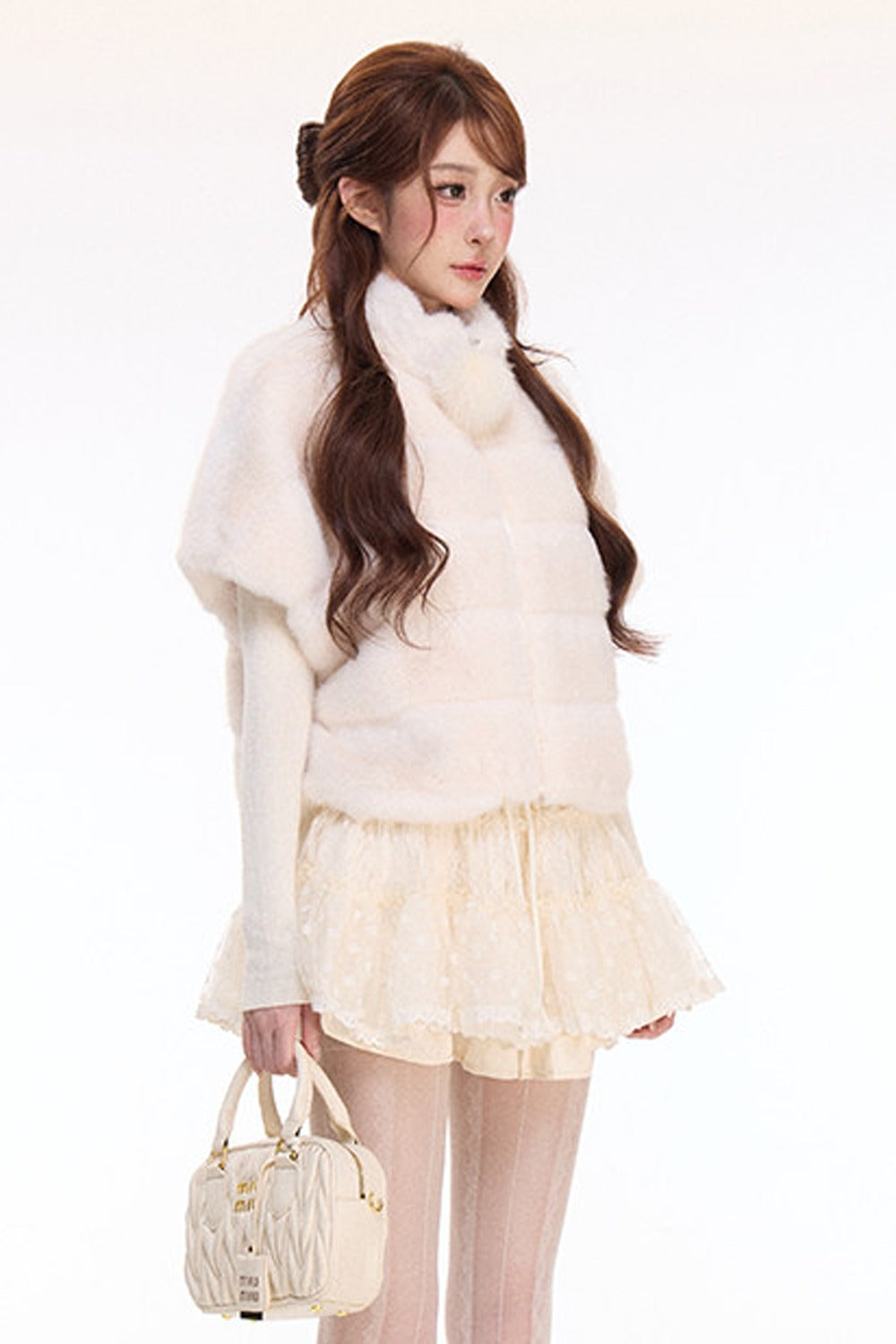 Rabbit Fur Jacket and Polka Dot Lace Skirt Set-Up