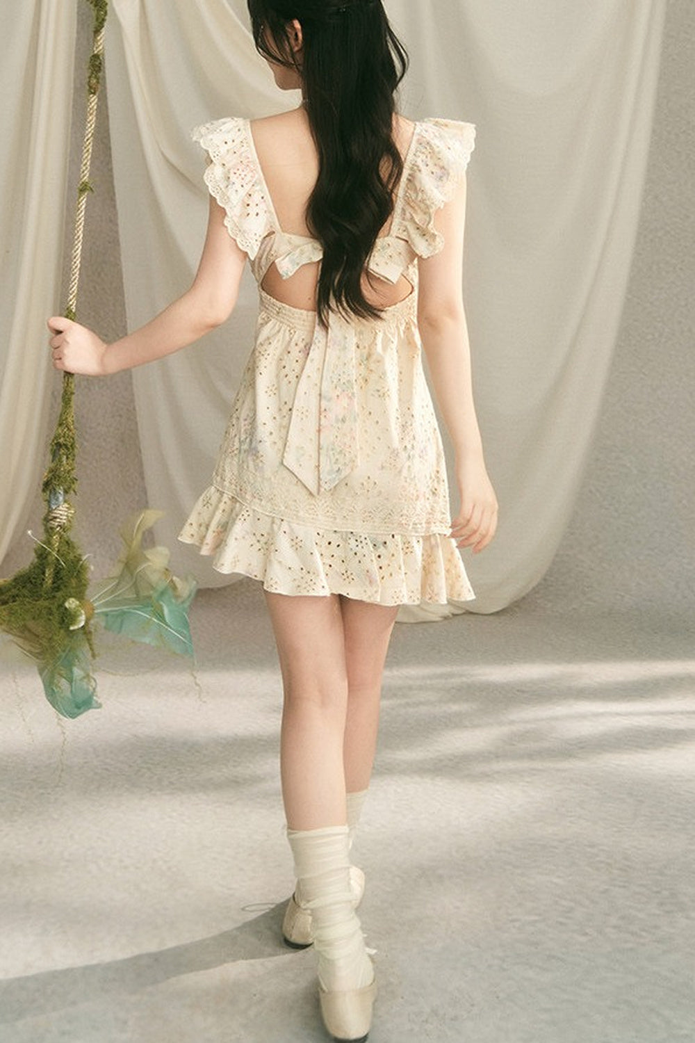 Floral Ruffle V-Neck Bow Short Dress
