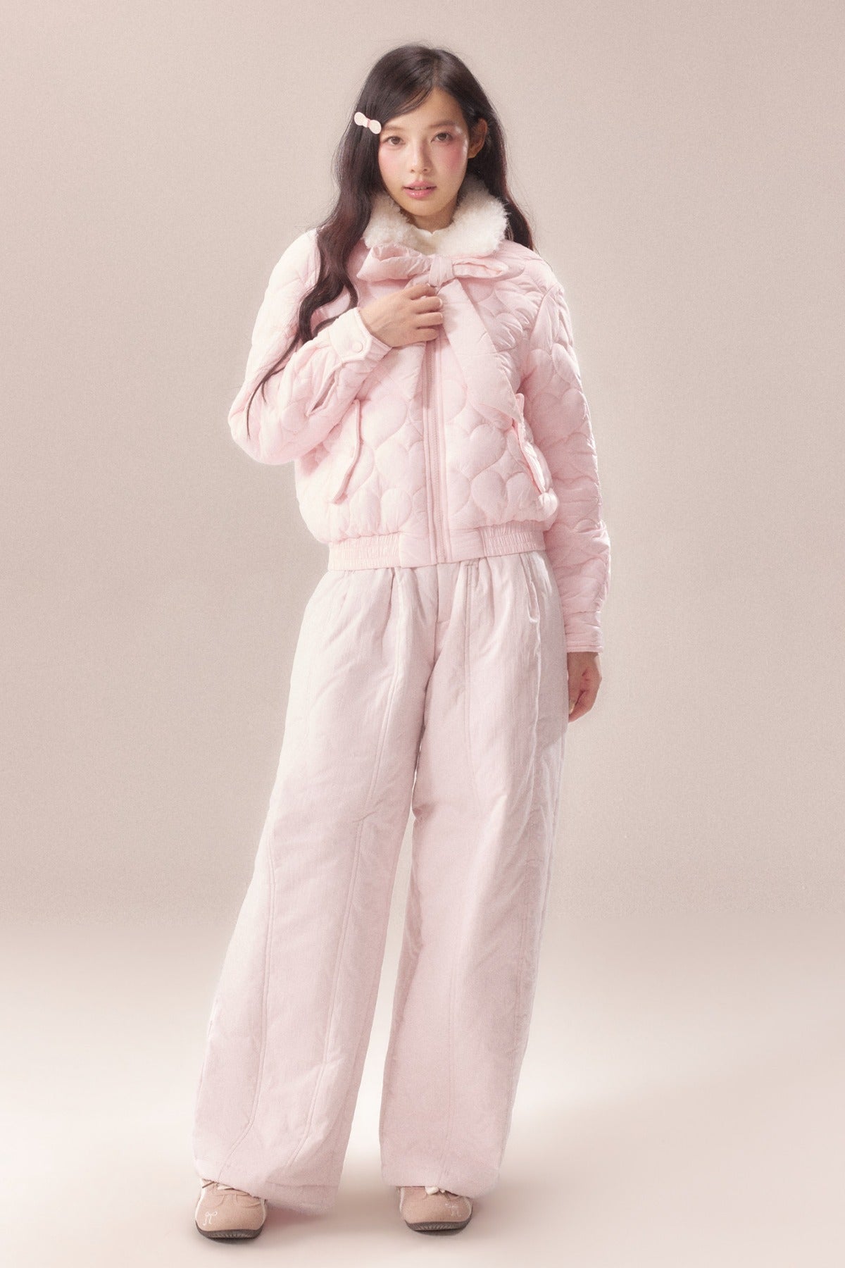 Heart Embossed Bow Padded Jacket