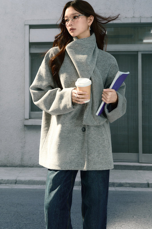 Asymmetrical Scarf Collar Woolen Jacket