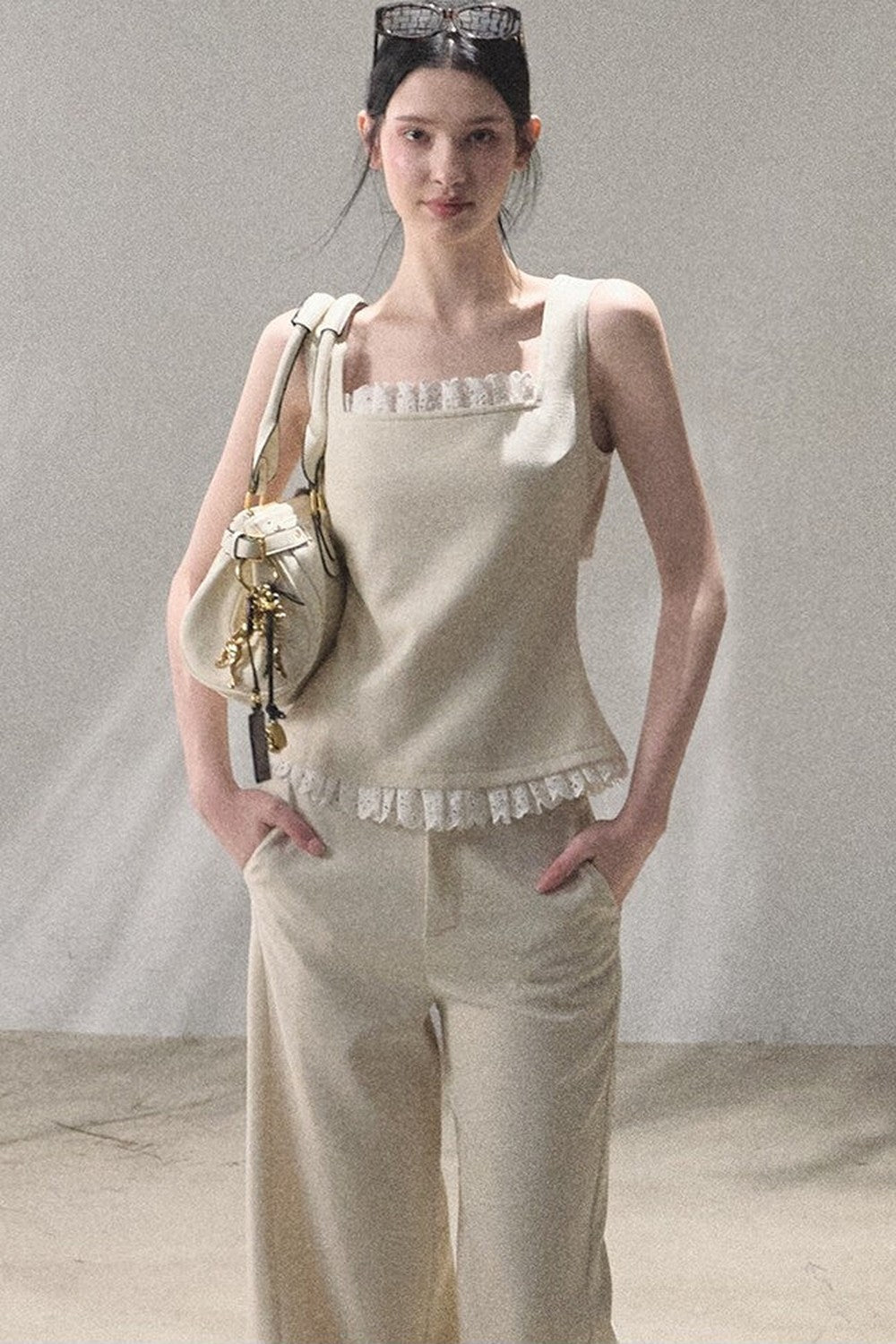 Linen Lace Patchwork Vest and Pants Set-Up