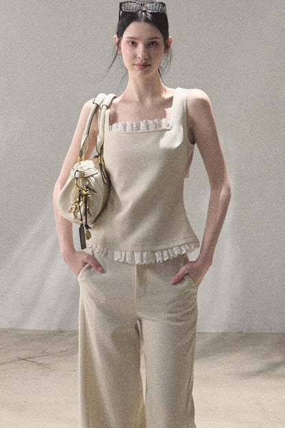 Linen Lace Patchwork Vest and Pants Set-Up