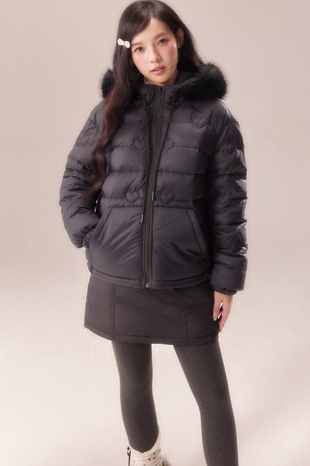 Heart Quilted Fur Collar Hooded Jacket