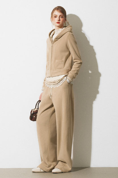 Oatmeal Fleece Hooded Sweatshirt Jacket and Wide-Leg Pants Set-Up