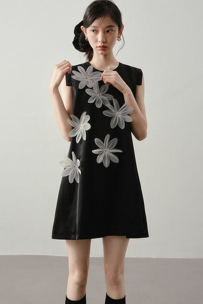 3D Floral Appliqué Satin Sleeveless Dress