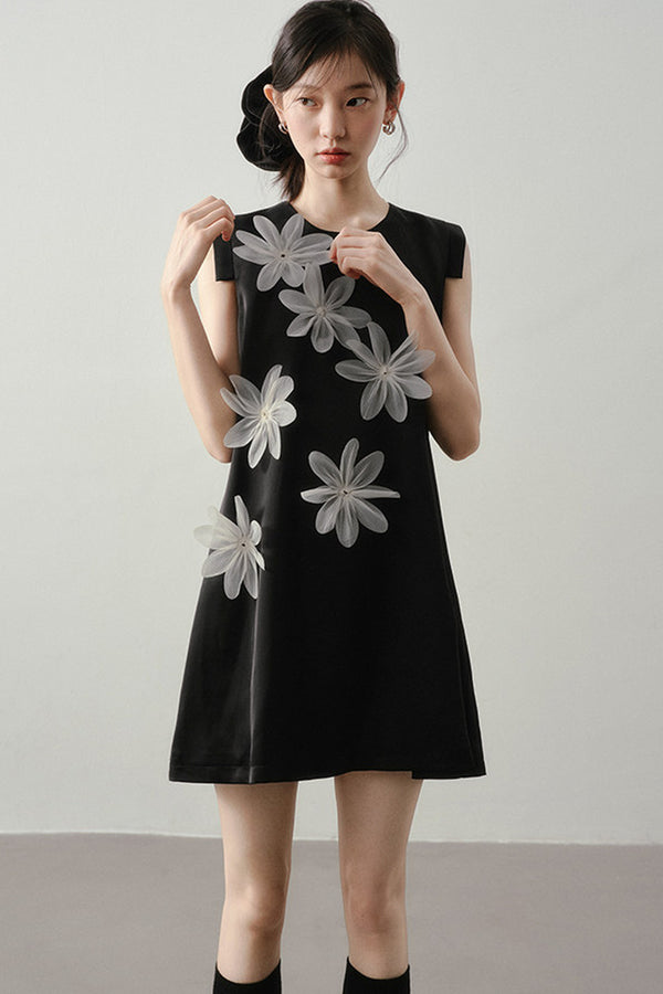 3D Floral Appliqué Satin Sleeveless Dress