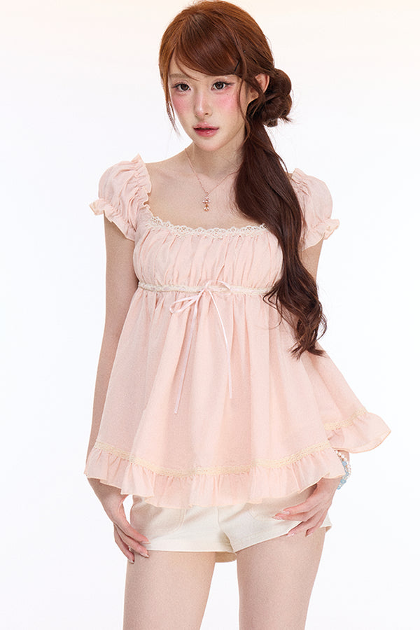 French Lace Puff Sleeve Tie Top and Shorts Set