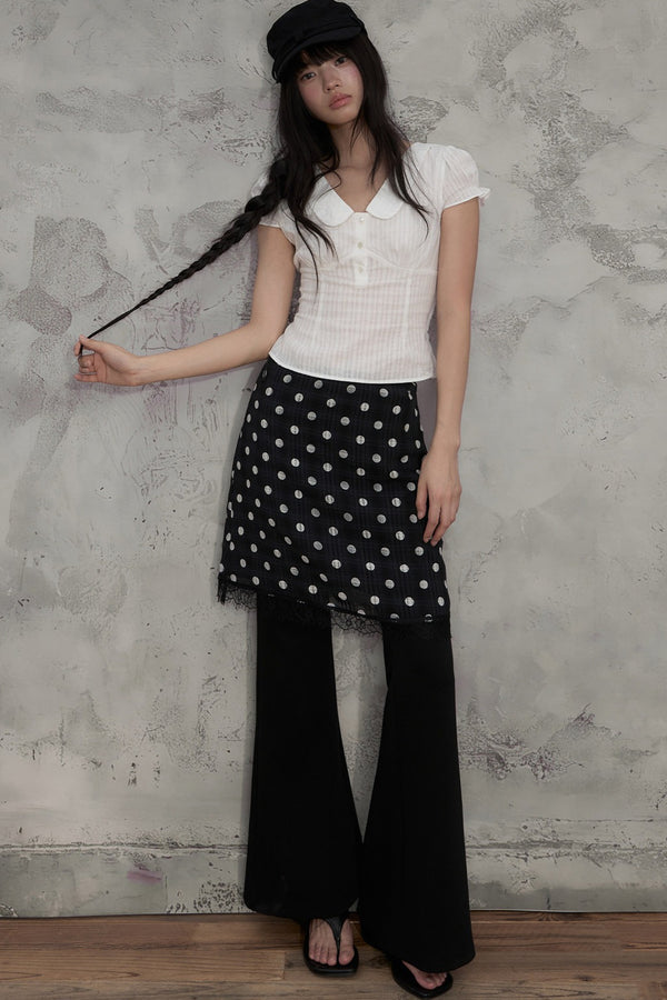 Collar Textured Blouse and Polka Dot Skirt Set-Up