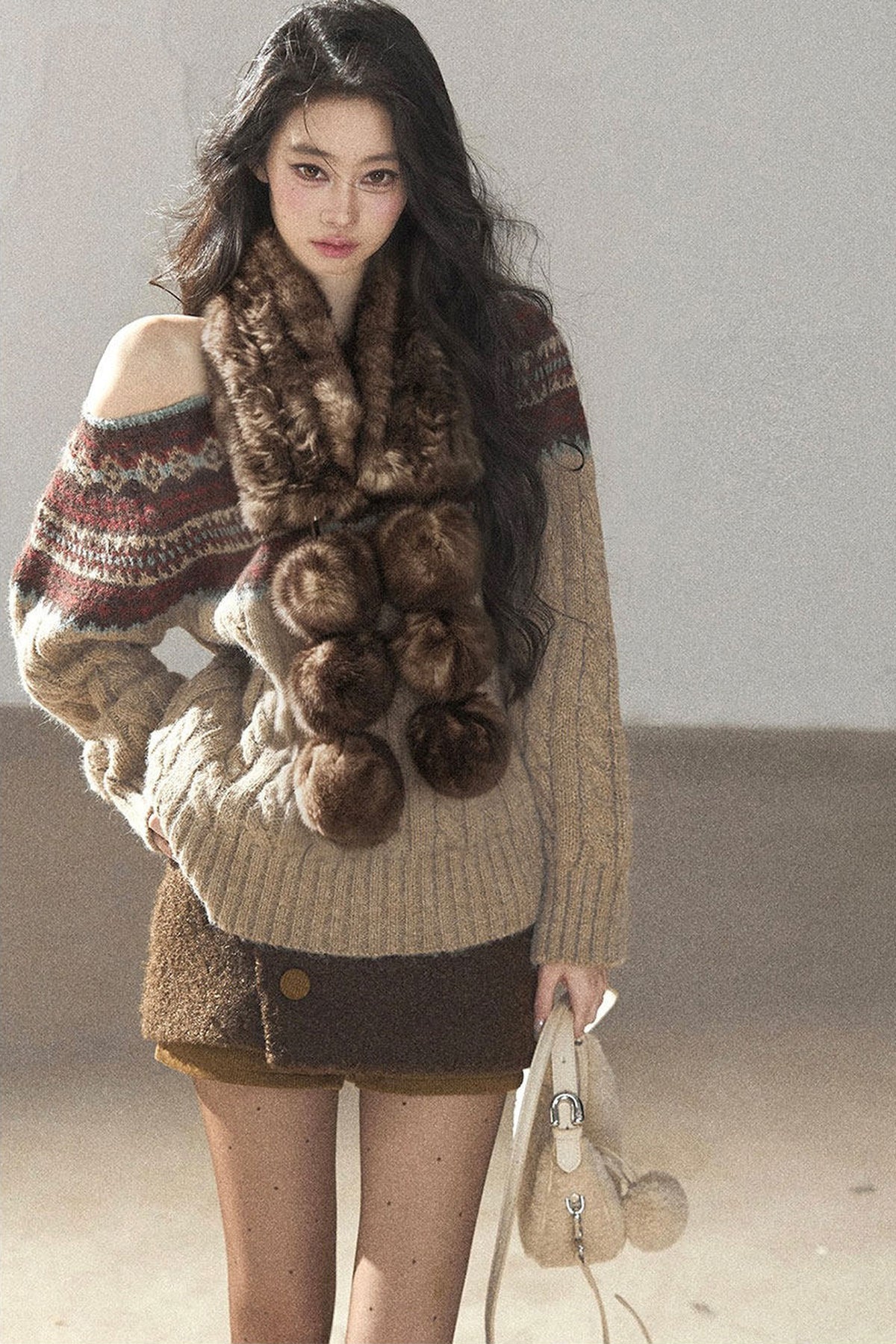 Fluffy Pom-Pom Eco-Fur Scarf
