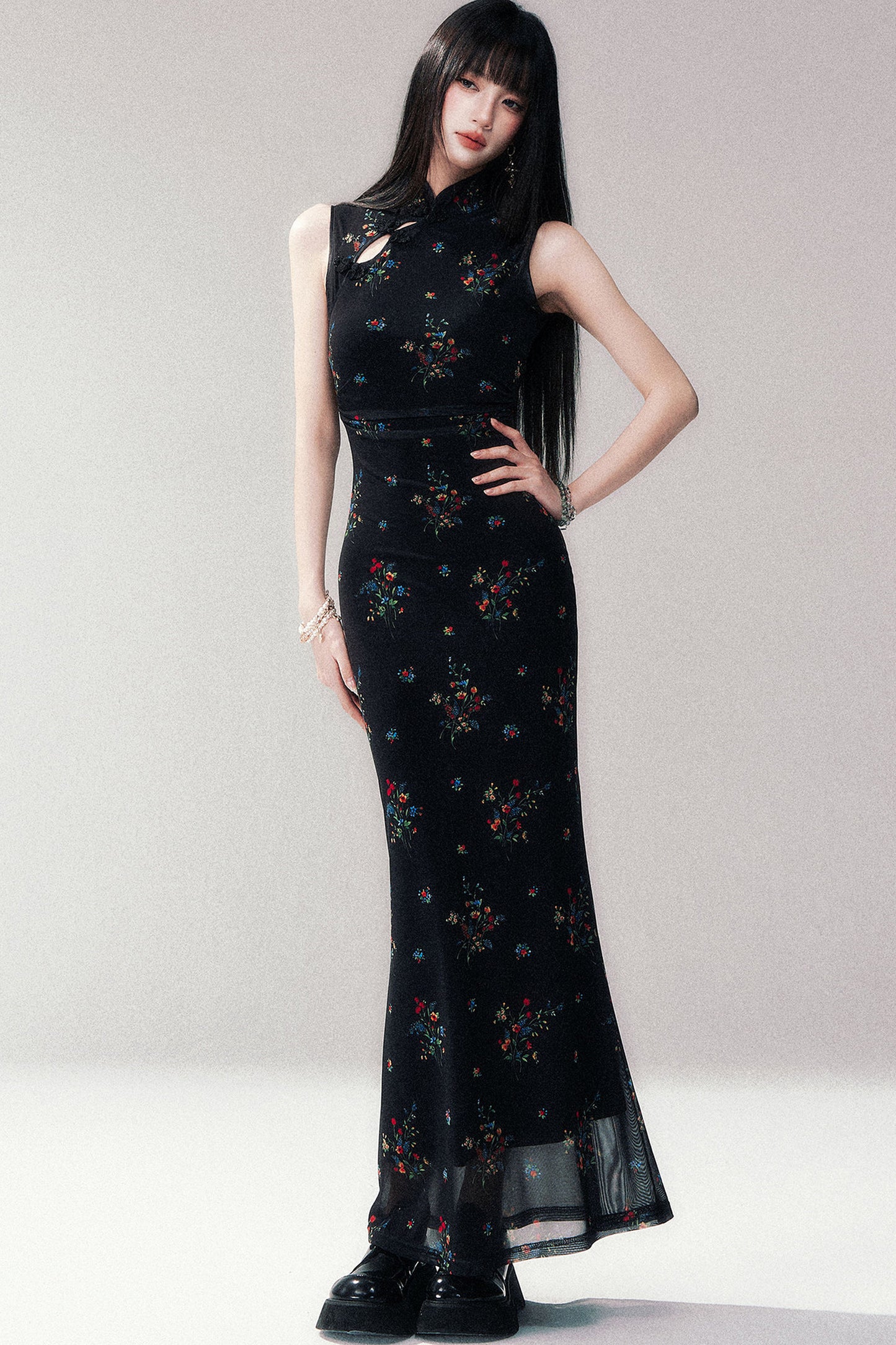 Floral Mesh Cheongsam Long Dress