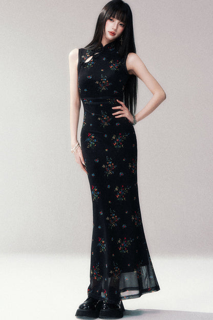 Floral Mesh Cheongsam Long Dress