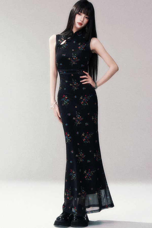 Floral Mesh Cheongsam Long Dress