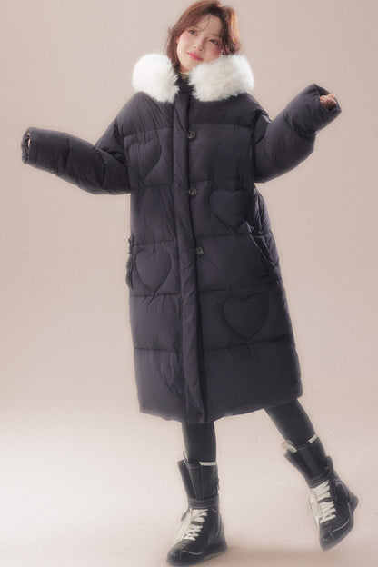 Long Heart Quilted Fur Collar Down Coat