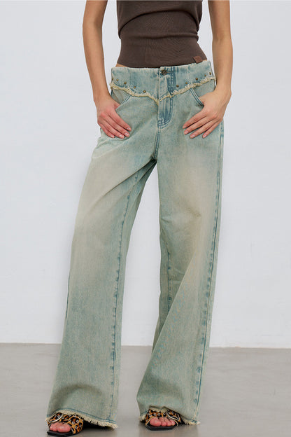 V-Shaped Raw Edge Rivet Denim Pants