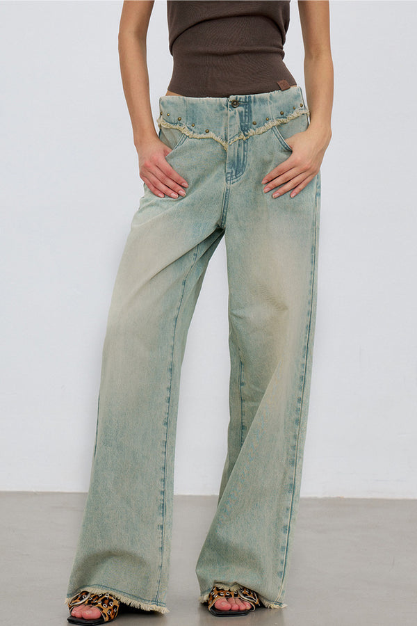 V-Shaped Raw Edge Rivet Denim Pants