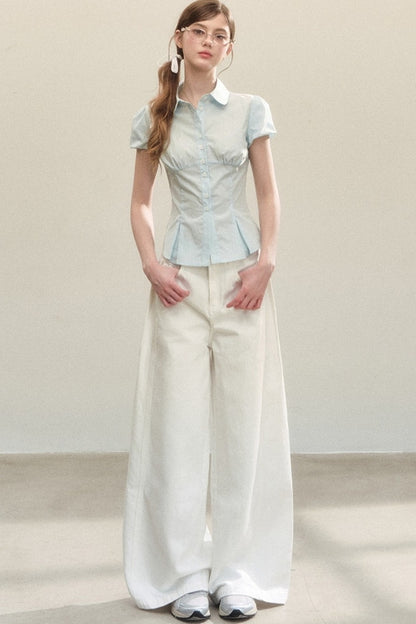 White Drapey High-Waisted Wide-Leg Pants
