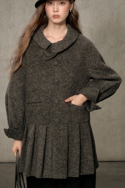 70% Wool Blend Double-Sided Pleated Coat