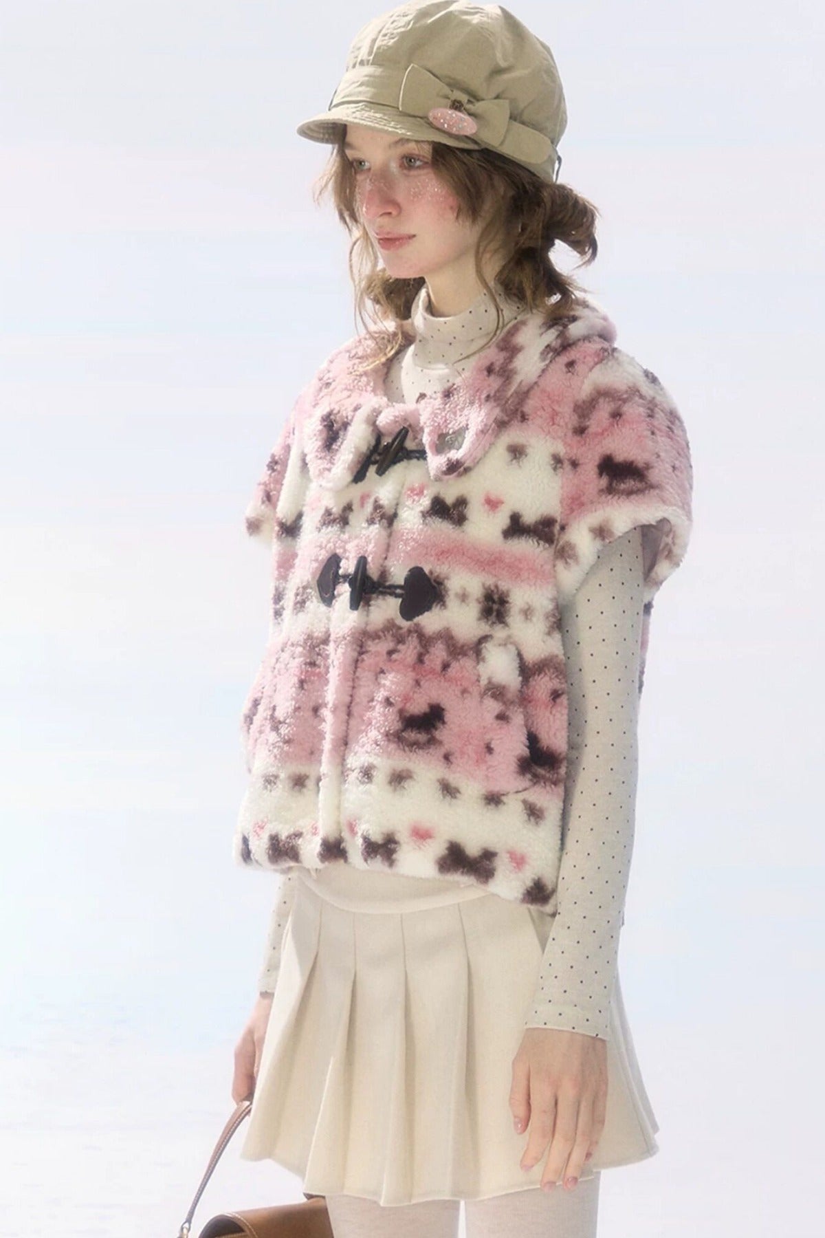 High-Waisted Apricot Pleated Woolen Skirt