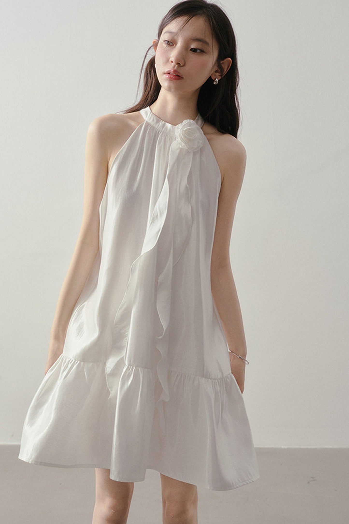 White Rose Halter Neck Ruffle Dress