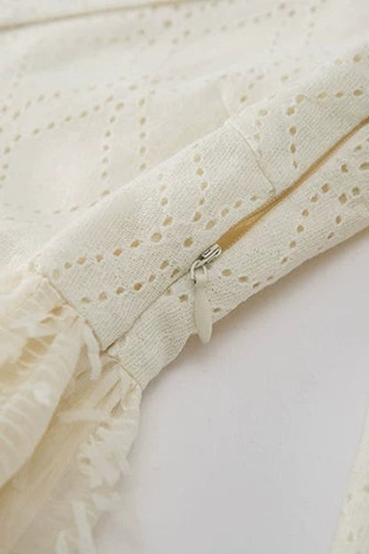 Beige Plaid Lace Bow Dress