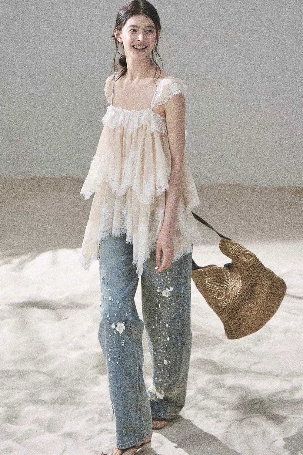 French Irregular Lace Mesh Top Set-Up