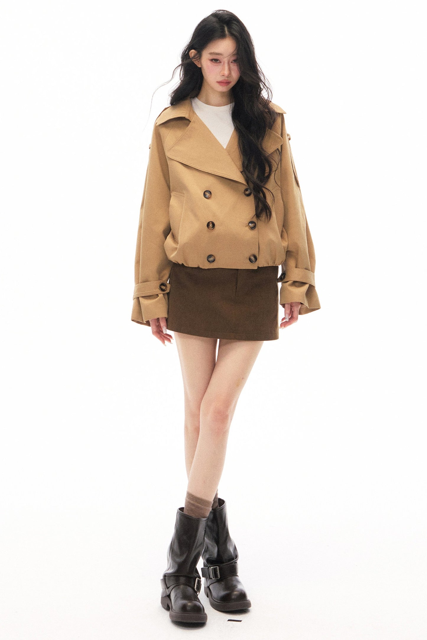 Khaki Double-Breasted Trench Coat and Skirt Set-Up