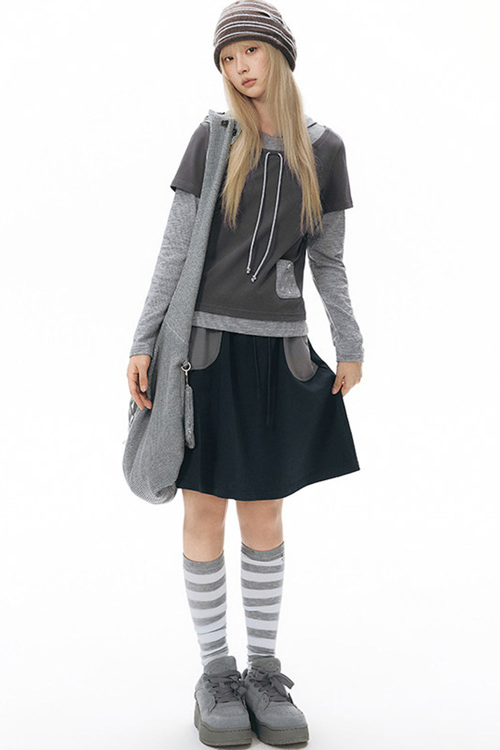Layered-Look Hooded Long-Sleeve Top