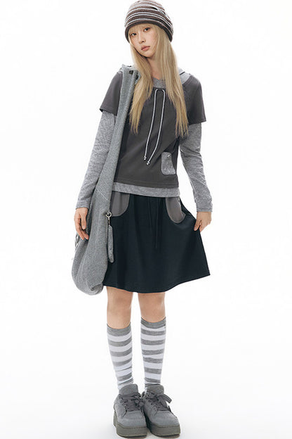Layered-Look Hooded Long-Sleeve Top