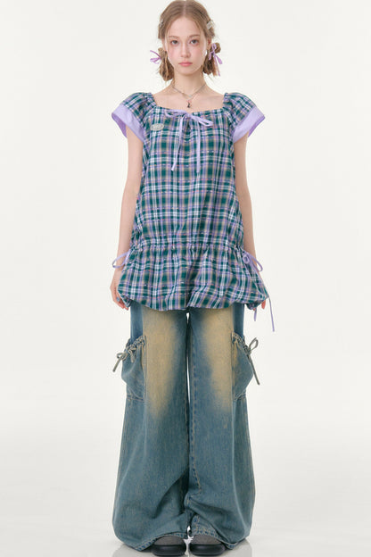 Purple Plaid Flutter Dress