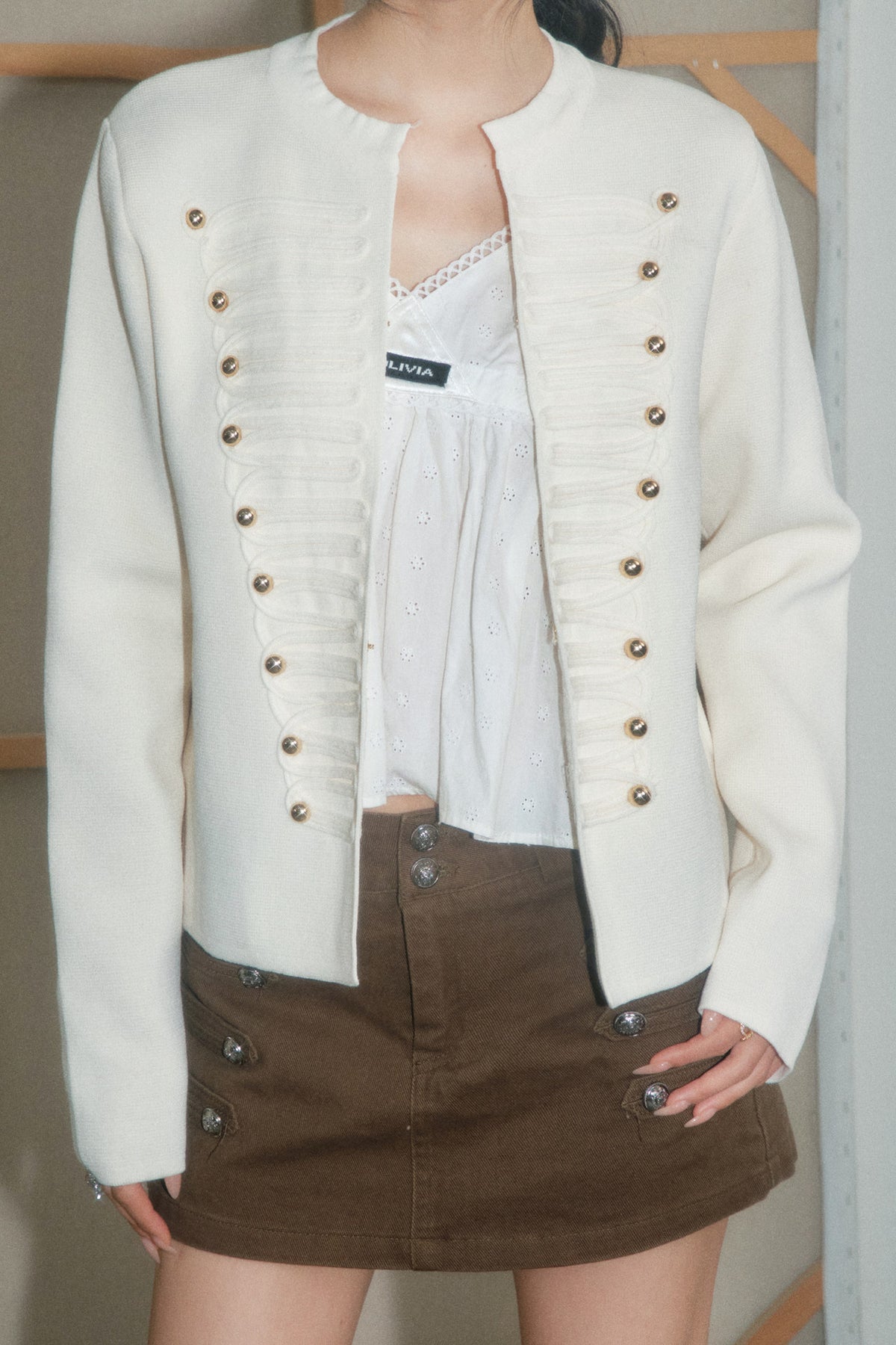 Brown Napoleon Button Skirt, Jacket and Top Set