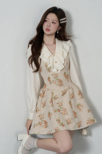 Floral Lantern Sleeve Ruffle Collar Dress