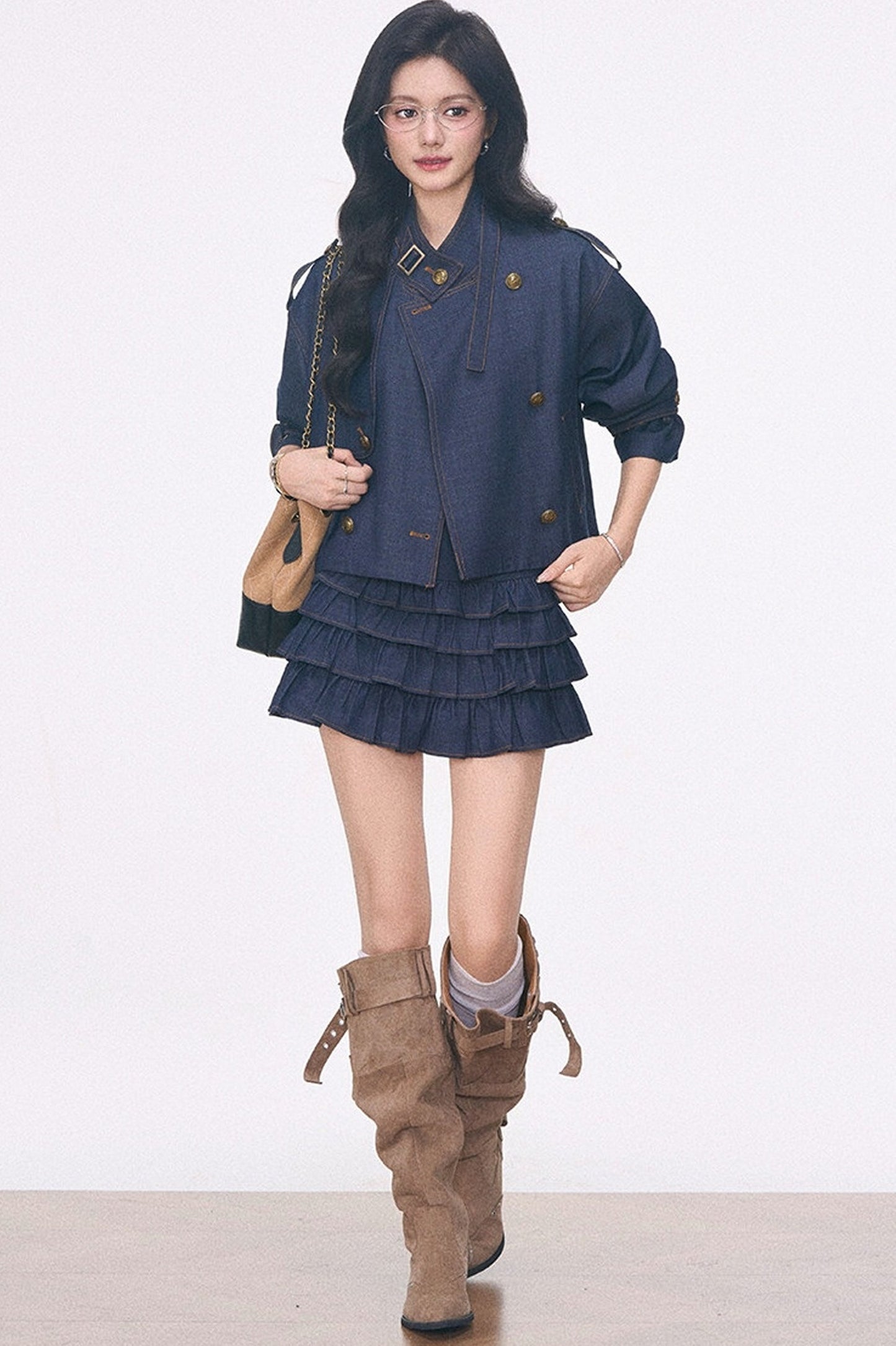 Imitation Denim Short Jacket and Cake Skirt Set