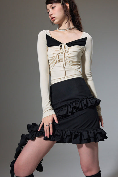 Square Neck Color-Block Knit Top and Skirt Set