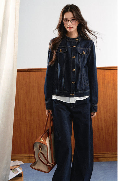Round-Neck Gold Button Denim Jacket and Pants Set-Up