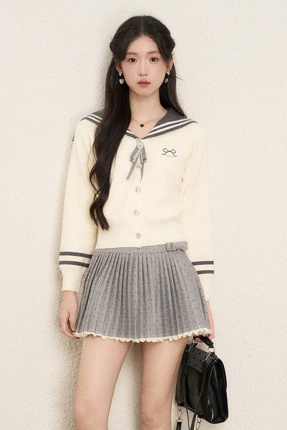 Bow Sailor Collar Knit Cardigan Set-Up