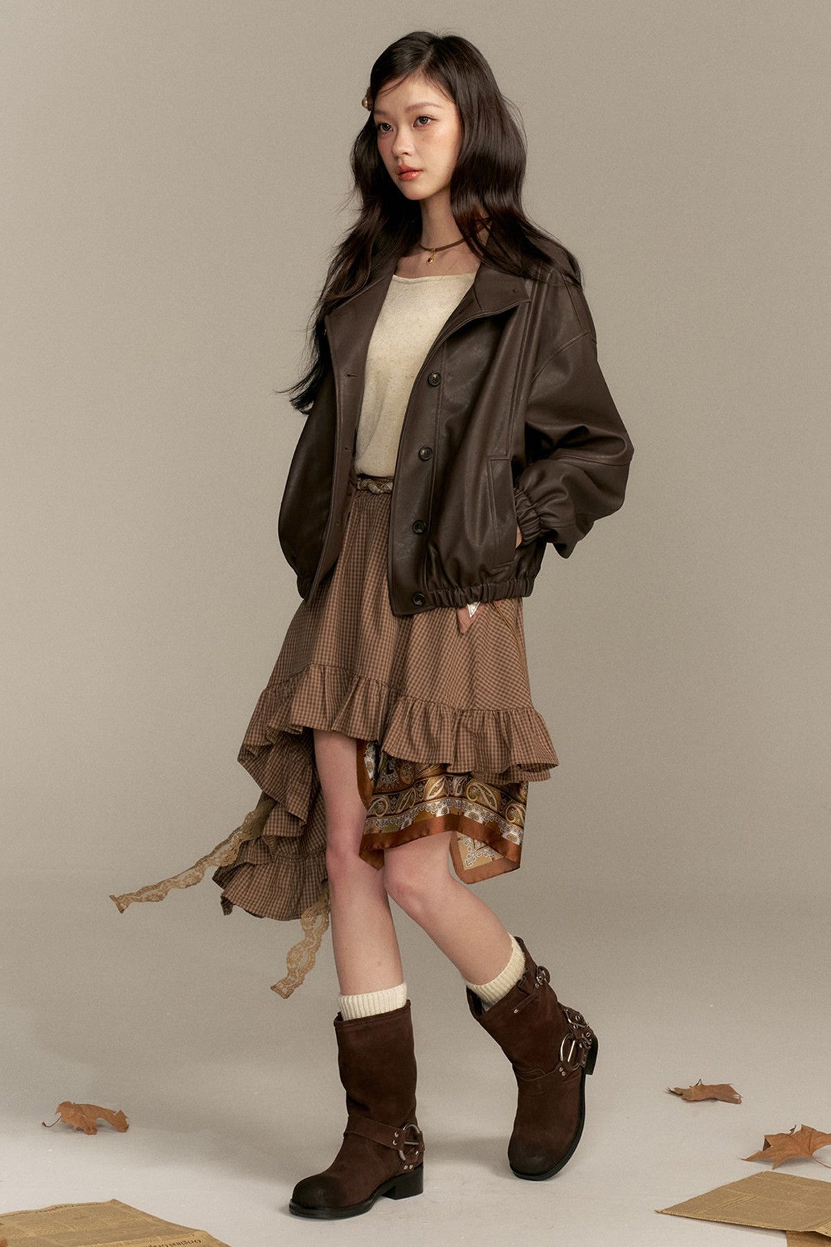 Barn Style Stand Collar Short Leather Jacket