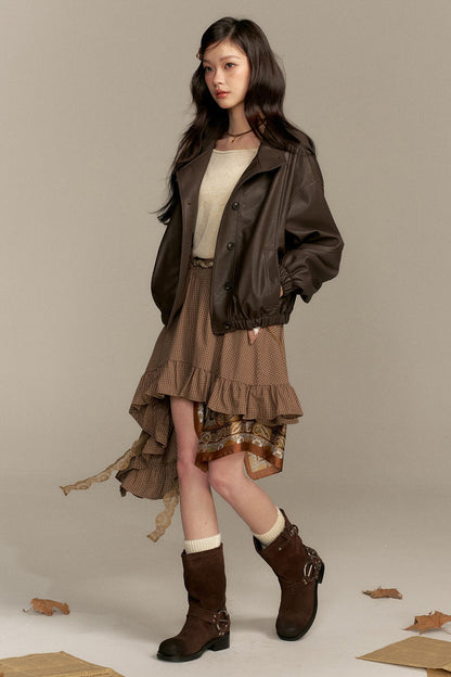 Barn Style Stand Collar Short Leather Jacket