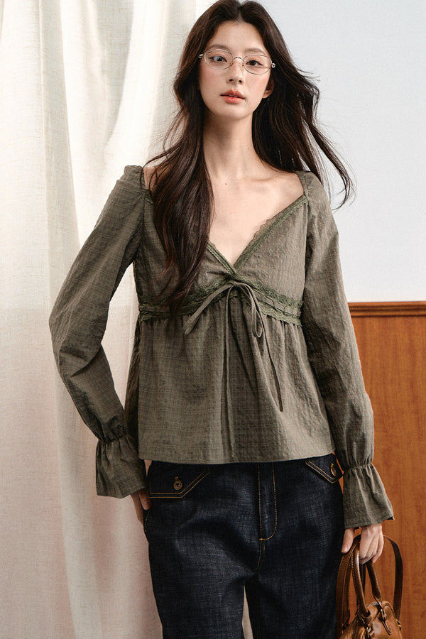 French Lace Bell-Sleeve Blouse
