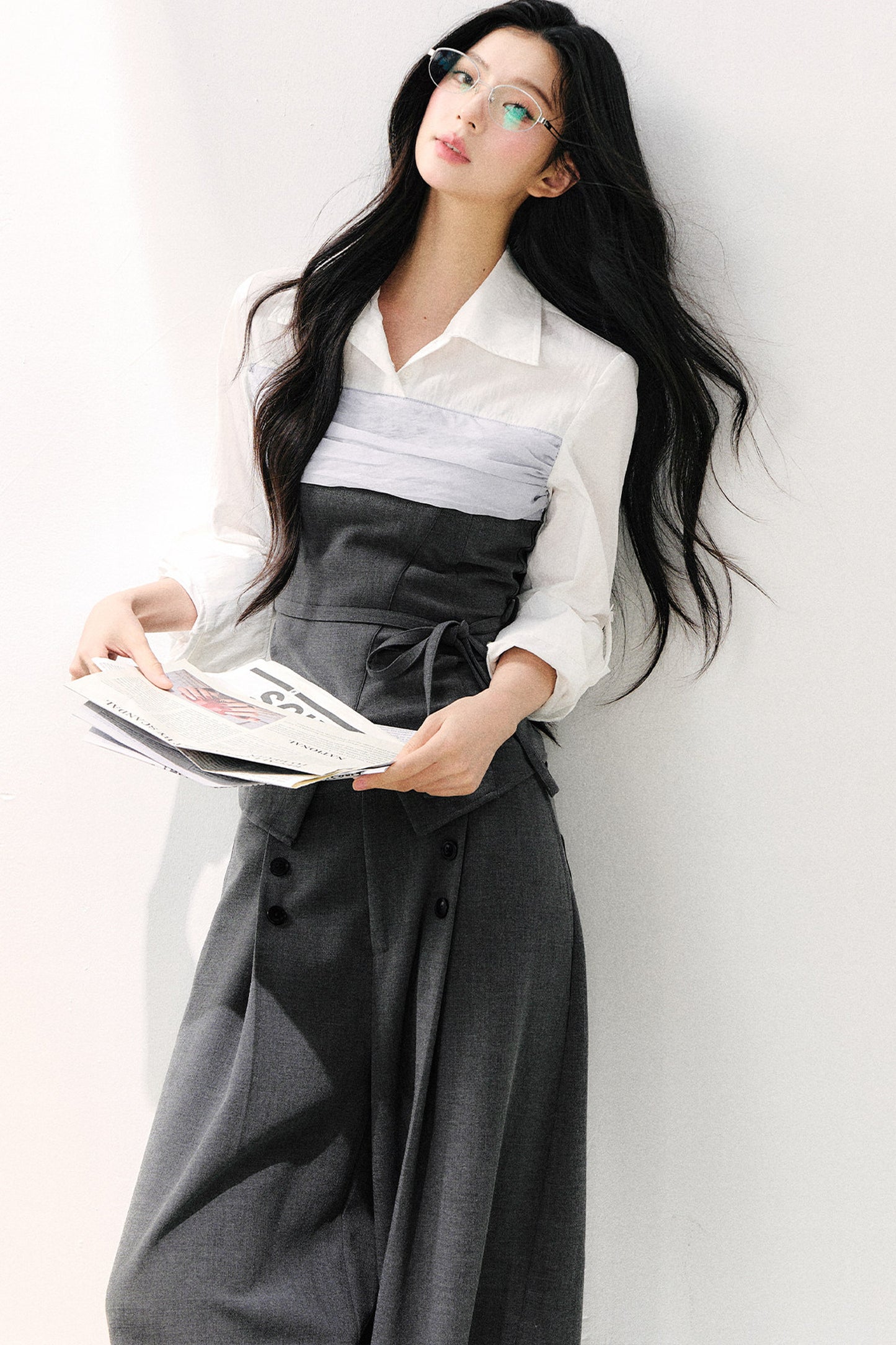 Lapel Faux Two-Piece Tie Shirt