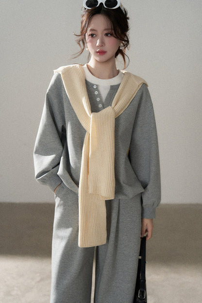 Hooded Shawl Sweatshirt and Wide-Leg Pants Set-Up