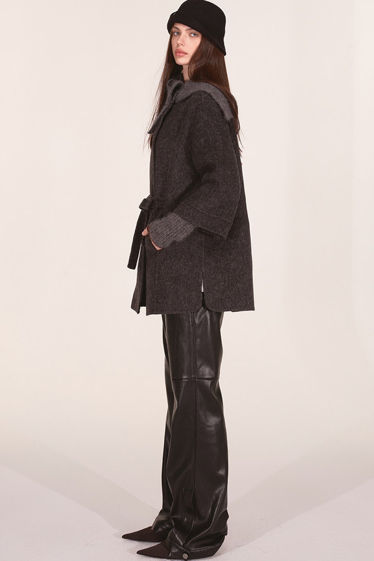 Asymmetrical Knit Collar Tie-Up Wool Coat