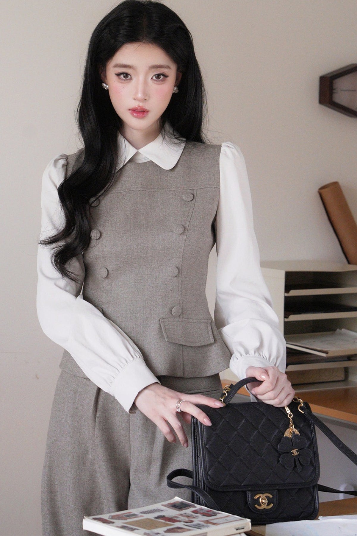 Doll Collar Puff Sleeve Shirt and Pants Set-Up