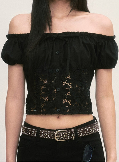Off-Shoulder Lace Cutout Puff Sleeve Crop Top